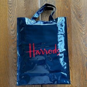 Harrods Patent Navy Blue Tote Bag with Red Logo